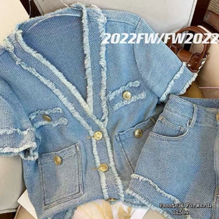 🇰🇷New🇰🇷  Korea denim tweed 2pcs set Set2ชิ้น เสื้อยีนทวีตขอบลุ่ย กระดุมเรียง แต่งกระดุมสวย