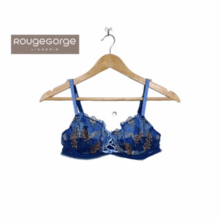 Rouge Gorge(รูจ จอร์จ)Braแบรนด์ดังฝรั่งเศสเสื้อชั้นในลูกไม้ซีทรูงานปักละเอียดสีน้ำเงินโบว์หน้าSexy ของใหม่ 75E 80E 85E