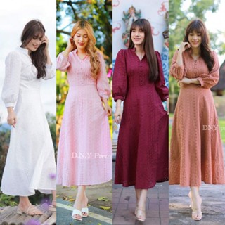 สวยปังมี4สี!!! M-2XL Maxi Dress เดรสสีขาวผ้าฉลุลายแต่งกระดุมหน้าแขนห้าส่วน งานป้าย DNY