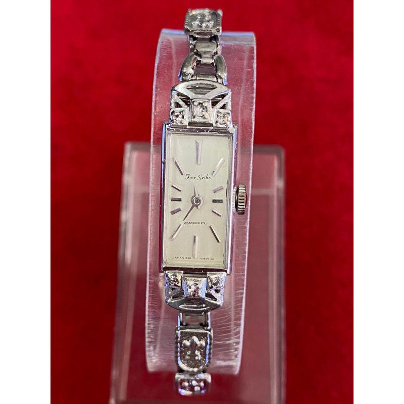 Fine Seiko DIASHOCK 23 JEWELS ระบบไขลาน เพชร 6 เม็ด ตัวเรือนสแตนเลส นาฬิกาผู้หญิง มือสองของแท้