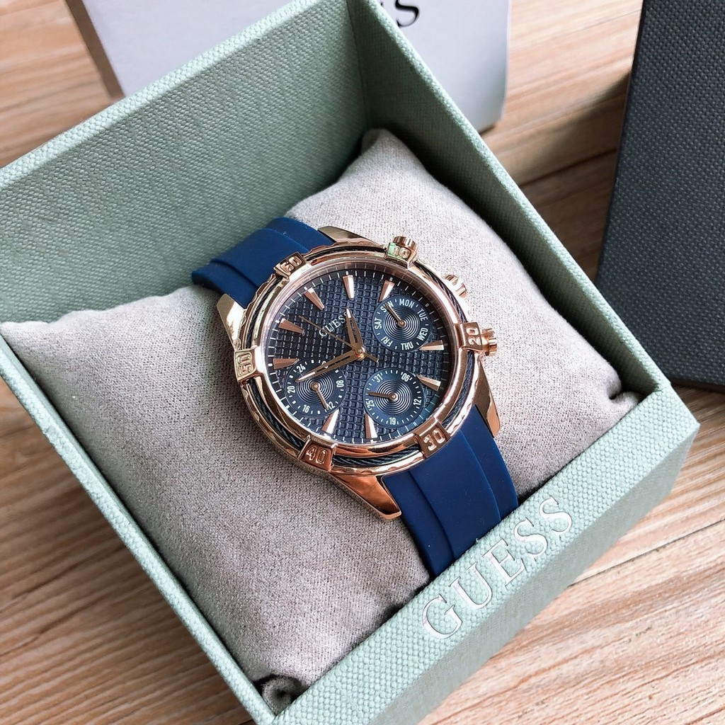 F.A ของแท้100% Guess round อะนาล็อกสีขาวหน้าปัดสีน้ำเงินผู้หญิงนาฬิกา W0562L1 W0562L2 W0562L3 35mm นาฬิกาแบรนด์ดังFA-14