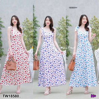 J18580 เดรสยาว ผูกโบว์ไหล่ลายดอกไม้ Long dress with bow tie at the shoulder, floral print