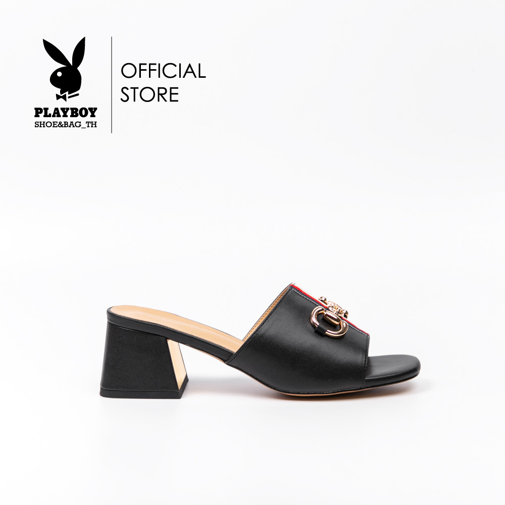 PLAYBOY รองเท้าผู้หญิงส้นเตี้ยแบบสวมเปิดส้น ลิขสิทธิ์แท้รุ่น ST-H232C1136 ดีไซน์แต่งแถบ มี 2 สี สีดำและสีขาว