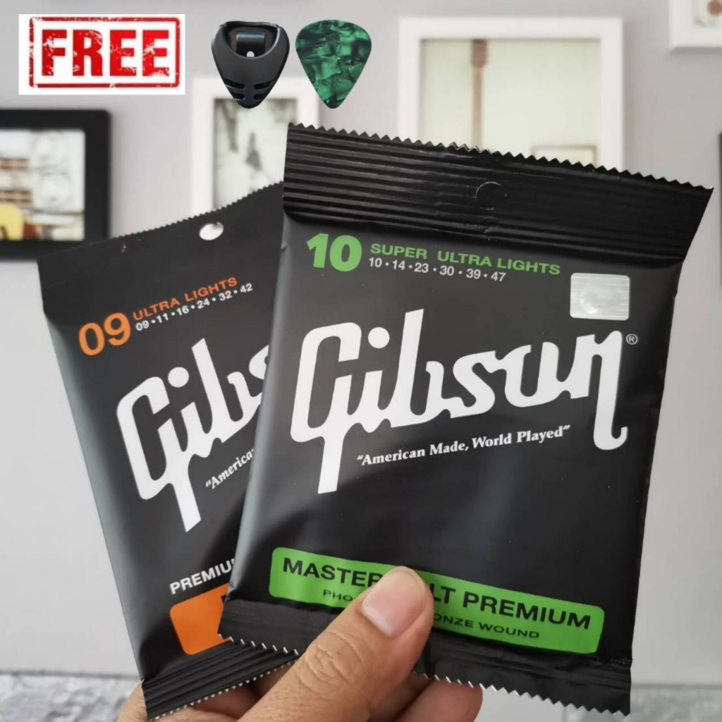 Gibson สายกีตาร์โปร่ง สายกีตาร์ไฟฟ้า  (ครบชุด6เส้น) ฟรี!! ปิ๊กกีต้าร์2ตัว