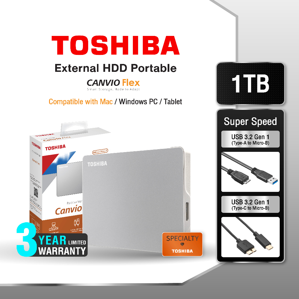Toshiba External HDD (1TB) USB 3.2 SuperSpeed, รุ่น (Canvio Flex) ฮาร์ดดิสพกพา (TSB-HDTX110ASCAA)