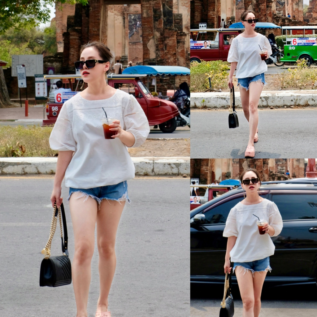 Lynlalin White Flower เสื้อคอปาด แขนบอลลูน ผ้าคอตตอนพรีเมียม (ไซส์ M-XL)  รุ่น ฉลุเกสร