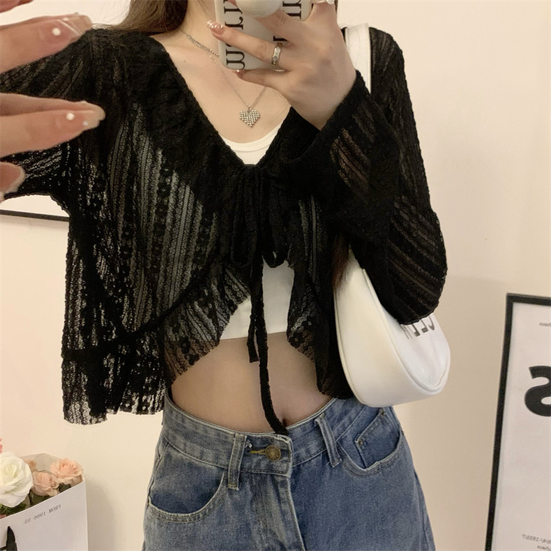 ส่งทันที Cici(NO. 61583)เสื้อแขนยาวซีทรูเบาๆ แต่งสายผูกโบว์หน้าชายระบาย ลายฉลุสวยน่ารักสุดๆ - รูปที่ 3