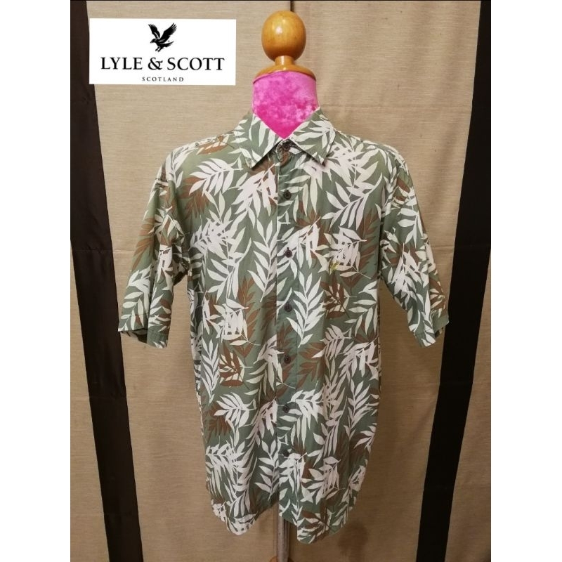 LYLE & SCOTT Scotland Brand_2nd hand เสื้อเชิ้ตแขนสั้นลายใบไม้ % COTTON/ Size 100/แท้มือสองกระสอบนำเข้า​