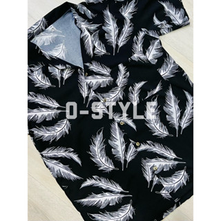 เสื้อฮาวาย ผ้าไหมอิตาลี H279 เสื้อดำขนนกขาว