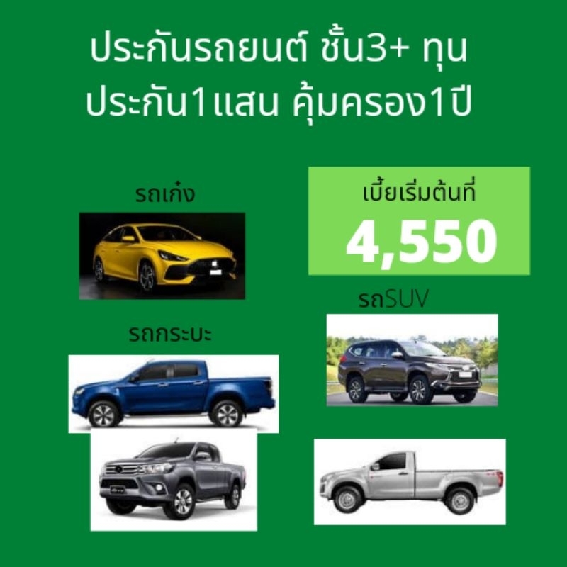 ประกันภัยรถยนต์ชั้น 3+ บริษัทกรุงเทพ เมืองไทย ชับบ์ LMG คุ้มภัย ไทยเศรษฐกิจ​ อินทรประกันภัย  ทุน 100,000 คุ้มครอง1ปี