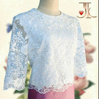 เสื้อลูกไม้ฝรั่งเศสสีขาว ซิปหลังแขน 4 ส่วน