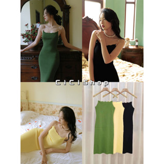 Cicishop(98133)Pearl dress เดรสยาวผ้าknitt สายแต่งมุกดูสวยแพง ทรงรัดรูปเก็บหุ่นปังสุดดด