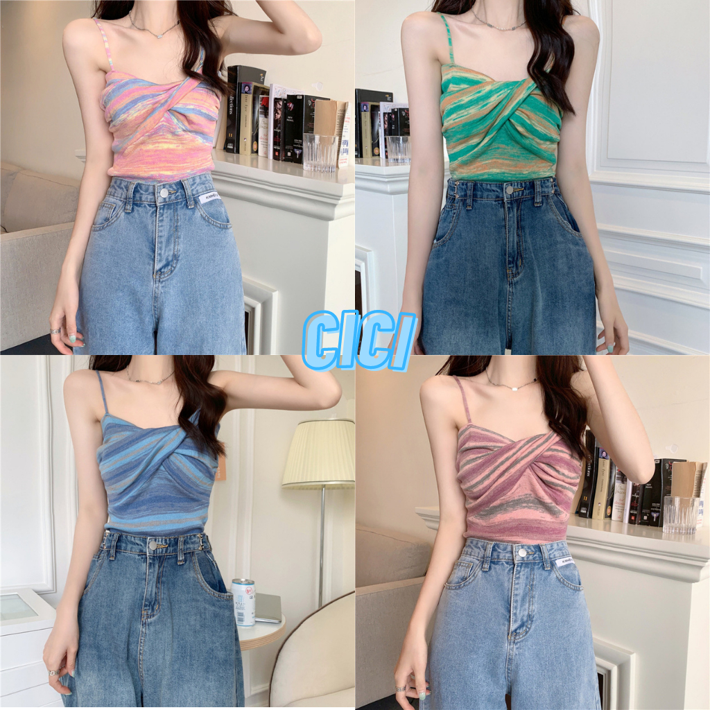 ส่งทันที Cici(NO. Q611)สายเดี่ยวไหมพรม สีเรนโบว์ดีเทลม้วนหน้าอก ทรงสวยมากก จับแมทซ์ลุคก็ปัง