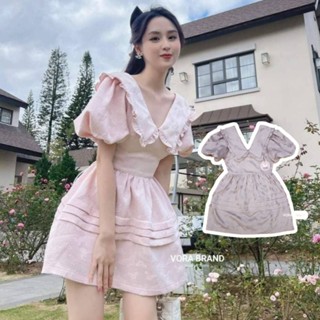 Dress  สั้นแขนพองสม็อคช่วงแขน คอปกแต่งระบายรอบปกเสื้อ