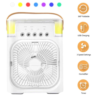 3 in 1 พัดลม USB fan มินิพัดลมแบบพกพาความชื้นป้องกันการอบแห้งเครื่องฟอกอากาศสเปรย์คูลเลอร์ที่มี ไฟ LED 7 สี