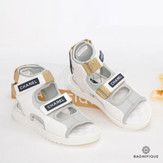 NEW CHANEL SANDALS 36 WHITE GRAY LAMB GHW