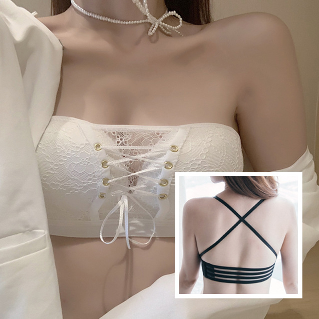บราเกาะอกลูกไม้ ดันทรง แบบผูกเชือก ฟองน้ําหนา ดันทรง ลายนม พร้อมสายคล้อง (+ สายรัดใส)