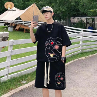 ชุดสูทผู้ชายผ้าวาฟเฟิลโดราเอมอน ใส่เป็นคู่ เสื้อยืดคอกลม + กางเกงขาสั้น ชุดกีฬาผ้าวาฟเฟิล
