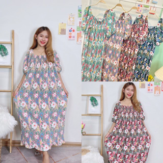 Maxidress แขนตุ๊กตาสมอคช่วงอกยืดFreesize แฟชั่นชุดพลีท แฟชั่นสาวอวบ ชุดคลุมท้อง ชุดเดรสลายดอกไม้ ชุดเที่ยวทะเล