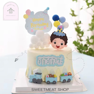 ตุ๊กตาแต่งเค้ก เด็กชายใส่หมวกปาร์ตี้ เด็กหญิงมัดผม