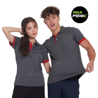 เสื้อโปโลสีเทาเข้ม แขนจั้มเต็มแดง polopeak