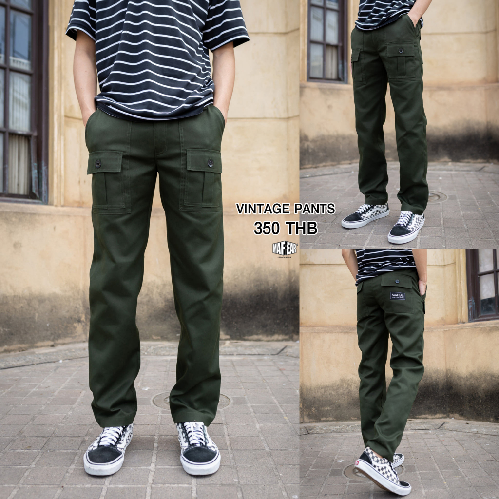 กางเกงขายาวทรงกระบอกเล็ก ตกแต่งกระเป๋าหน้า ทรงวินเทจ แบรนด์ MAFEAR