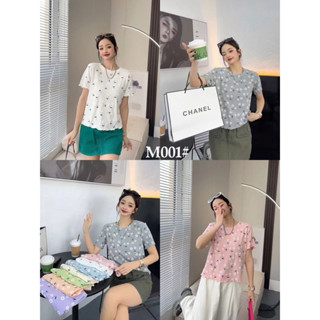 ETY SHoP รุ่น M001เสื้อยืดแขนสั้นผู้หญิงเสื้อไหมพรมคอกลมลายทางสไตล์เกาหลี