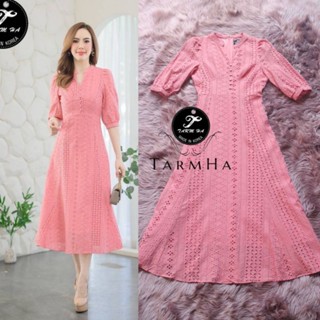 เดรสออกงาน,เพื่อนเจ้าสาว!!! S-3XL Maxi Dress เดรสสีชมพูแขนศอกผ้าฉลุลาย งานป้าย Tarm Ha