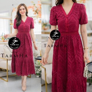 เดรสออกงานสีแซ่บ!!! S-6XL Maxi Dress เดรสสีแดงไวน์ผ้าฉลุลายกระดุมหน้า งานป้าย Tarm Ha