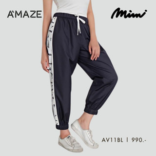 MIMI VELVET LONG PANTS กางเกงผ้าร่ม ใส่กันละออง สีดำมีแถบเป็นสีขาว สกรีนMIMI (AV11BL)