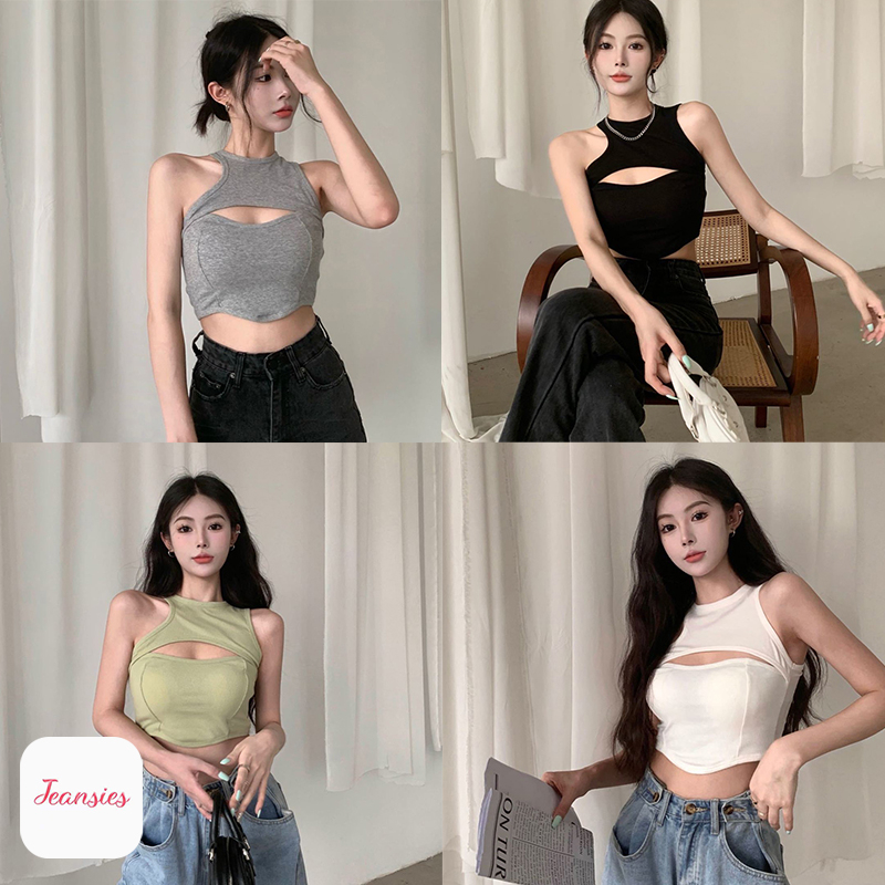 พร้อมส่ง เสื้อผ้าแฟชั่นสำหรับผู้หญิง เสื้อครอปตัวสั้น ดีไซน์เว้าอกด้านหน้า เสื้อกั๊กสั้น