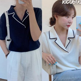 【RicoGirl】 *พร้อมส่ง*  เสื้อไหมพรมแขนสั้นสีพื้น แต่งขอบสีคอปก #8810 เสื้อ เสื้อไหมพรม เสื้อครอป เสื้อผ้า เสื้อแฟชั่น