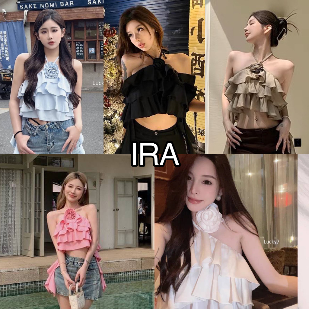 BY IRa (2308) Dress Up Flowers Top เกาะอกคล้องคอ แต่งดอกไม้หน้าอก ดีเทลแต่งระบายทั้งตัวได้ลุคคูณหนูหวาน