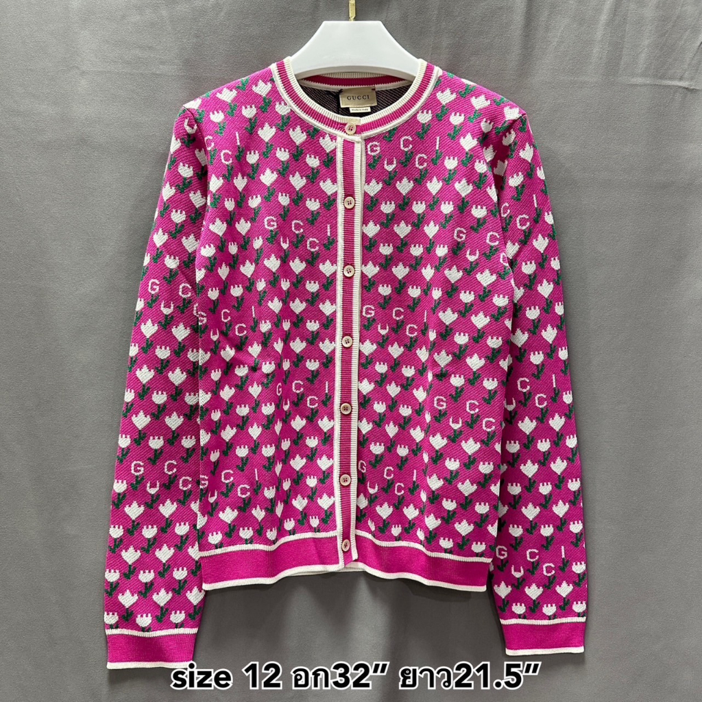 Gucci cardigan pink flower 12 ชมพู ดอกไม้ คาดิแกน เสื้อ เสื้อแขนยาว กุชชี่ เด็กโต ผู้หญิง ของแท้ เสื