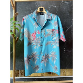 เสื้อฮาวาย ลายต้นมะพร้าวสีฟ้า เสื้อไซส์ใหญ่ เสื้อเชิ้ตวินเทจ เสื้อไม่ต้องรีด