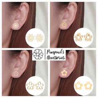 🇹🇭 พร้อมส่ง : ต่างหูสแตนเลสลายดอกทานตะวันและดอกบัว | Sunflower &amp; Lotus Flower Minimalist Stainless Steel Stud Earring.