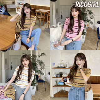 RICOGIRL เสื้อไหมพรมคอกลมแขนสั้น แต่งลายทางทูโทน #8909 เสื้อกันหนาว เสื้อยืด