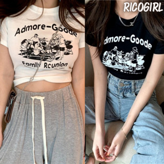 Ricogirl เสื้อครอปท็อป #5916 เสื้อครอปแขนสั้นคอกลม สกรีนลายสุดชิค เสื้อผ้าเกาหล