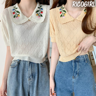 Ricogirl เสื้อไหมพรมปักลายฉลุ คอปกปักลายดอกไม้ #8904 เสื้อผ้า เสื้อยืด