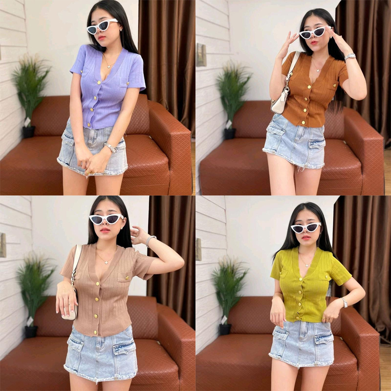 เสื้อไหมพรม รุ่นละออ คอวี แต่งดีเทลกระดุมทอง มี 7 สี ขนาดฟรีไซส์