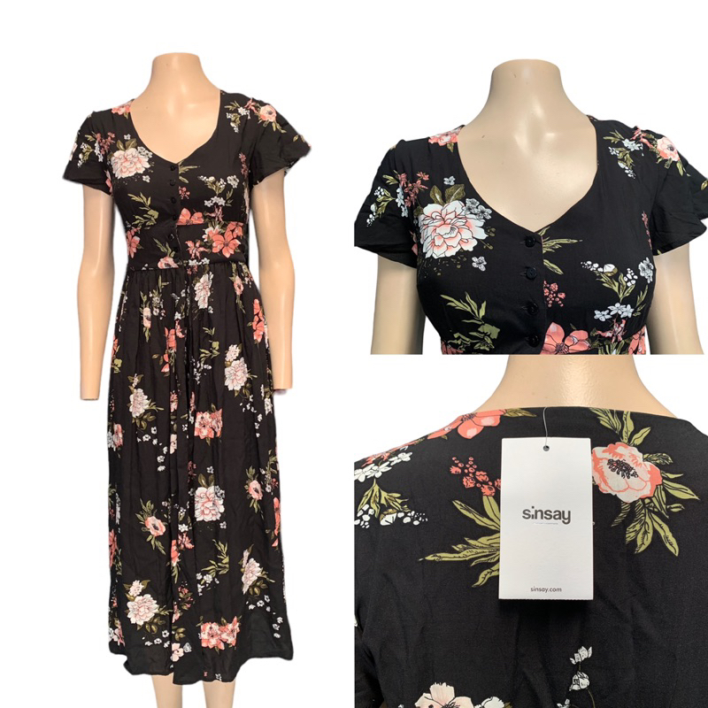 sinsay ชุดเดรส (DS158) สีดำลายดอกไม้ กางเกงขาสั้นข้างใน ไซส์xxs💐