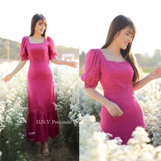 สีใหม่สวยมาก!!! M-2XL Maxi Dress เดรสสีชมพูมันม่วงผ้าฉลุลายแขนตุ๊กตา งานป้าย DNY