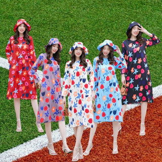 B12549 	เดรสลายดอกแขนยาว+หมวก Long sleeve floral dress + hat