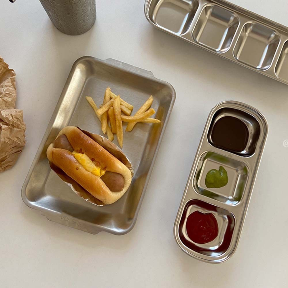 ins จานสแตนเลส เกรด 304 แบบหนา หลายช่อง ของใช้บนโต๊ะอาหาร สไตล์เกาหลี เรียบง่าย สําหรับใส่ซอสบาร์บีคิว เครื่องปรุงรส ถ้วยน้ำจิ้มสแตนเลส