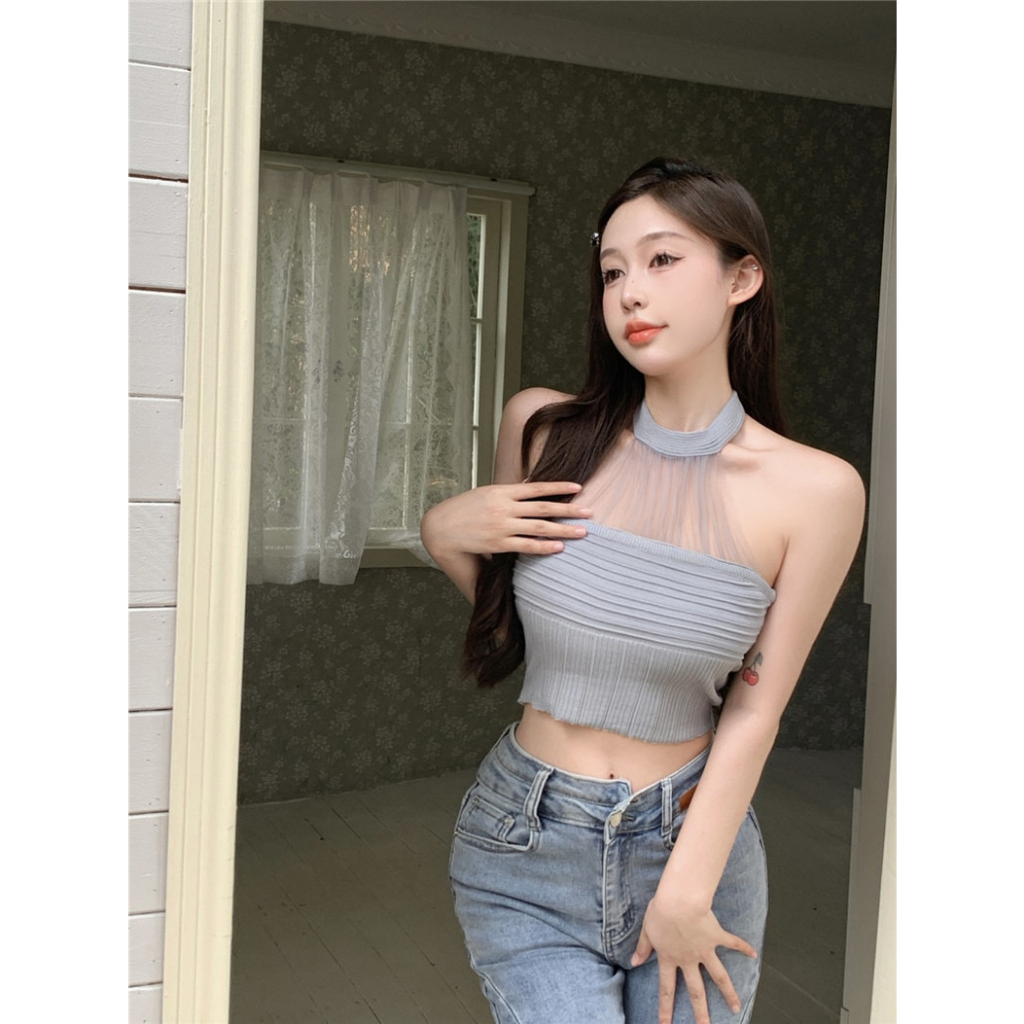 Cicishop(Y2153)เสื้อครอปแขนกุดผ้าไหมพรม ดีเทลคล้องคอผ้าชีฟอง แมทซ์ได้หลายสไตล์ - รูปที่ 3
