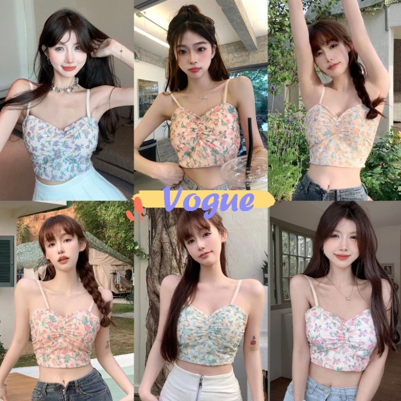 Vogue พร้อมส่ง เสื้อสายเดี่ยวลายดอกไม้เต็มตัวผ้าชีฟอง มีฟองน้ำในตัว ดีเทลลายดอกไม้ระบายลูกไม้ (19100) -H