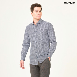 OLYMP GREEN CHOICE 24/Seven LUXOR Shirt เสื้อเชิ้ตชายรักษ์โลก สีกรมท่า ลายกราฟิก ทรงหลวม ปรับอุณหภูมิ ใส่สบาย รีดง่าย