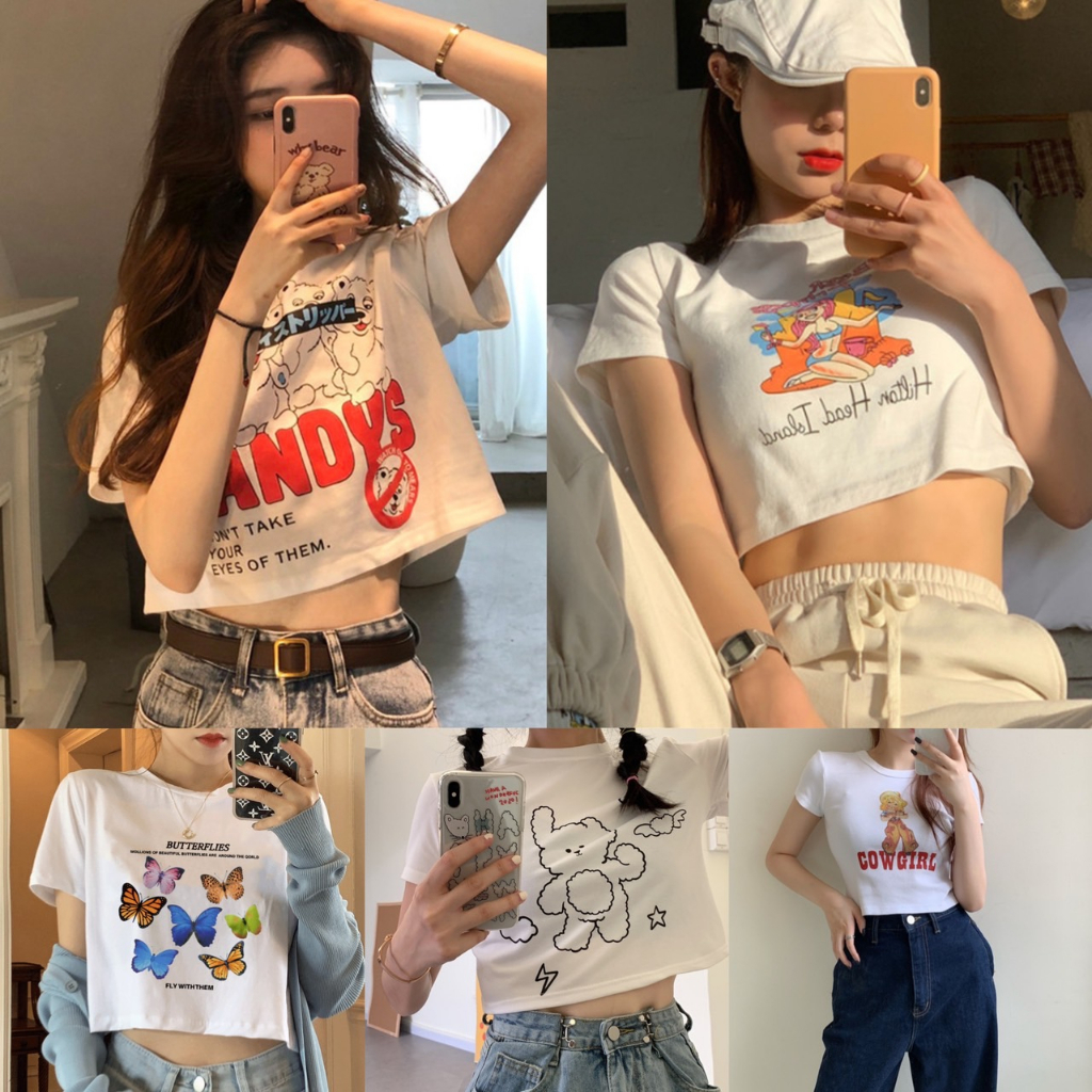 SGH0152 🌟​พร้อมส่ง​🌟 เสื้อครอป คละลาย ฟรีไซส์  น่ารักมาก คอกลม คอตตอนสุดน่ารักมาแล้ว ครอปสายฝอ