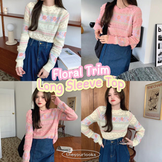 Theyourlooks ♡ พร้อมส่ง Floral trim long sleeve top เสื้อแขนยาว ลายดอกไม้ 🧁🍰🌸 (TYL227)