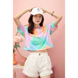 เสื้อครอปพิมพ์ลายมัดย้อมลายสดใส ผ้าคอตต่อนแท้ นุ่ม นิ่ม ใส่สบาย ขนาดฟรีไซส์ Freesize Crop Top TieDye T-Shirt